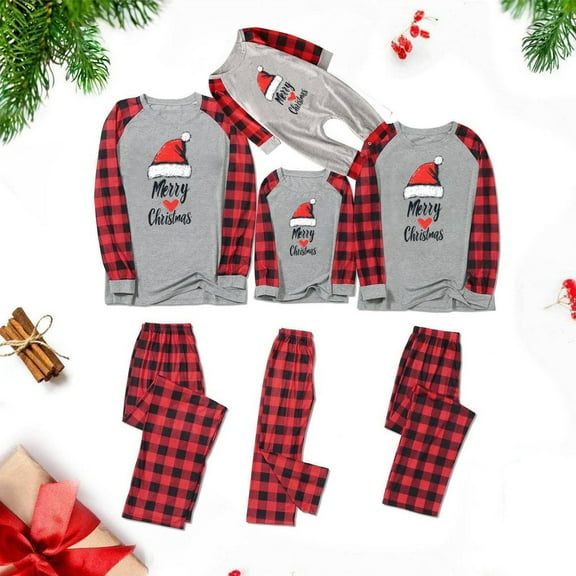 Odeerbi Christmas Pajamas for Family Holiday Plaid Long Sleeve Family Christmas Pajamas Matching Sets Dad Plaid Printed Loungewear Top Pants Set Two-Piece Sleepwear Xmas PJs Set Red