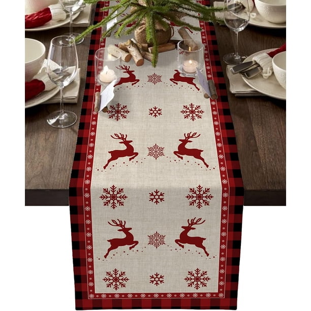 Camino de mesa navideño, camino de mesa rústico con diseño de alce y copos de nieve para fiestas de cumpleaños, cocinas, mesas de comedor, decoración del hogar