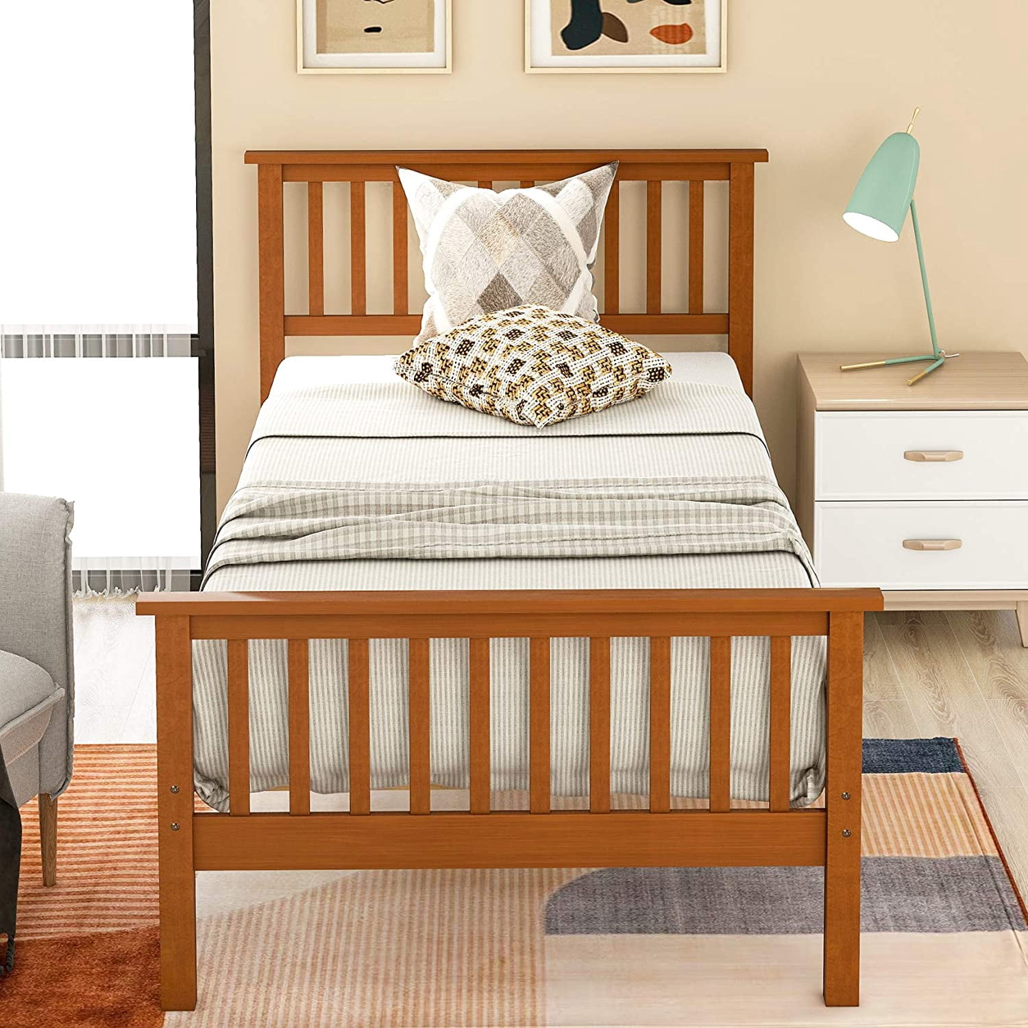 Harper & Bright Designs Twin Bed Frame Wood Platform Twin Bed No Box Spring Required, Oak