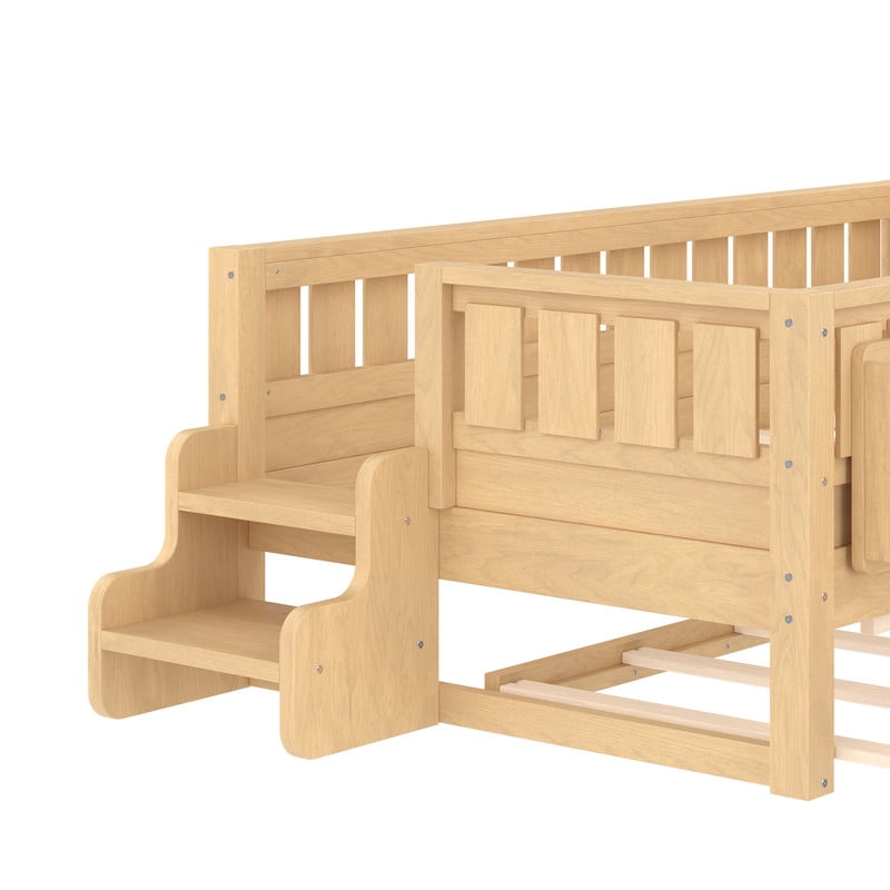 Bellemave Twin Bed with Trundle and Small Stairs, Twin Size Platform Bed Frame with Rail and Bookshelf, Wooden Montessori Floor Bed No Box Spring Needed,Light Natural