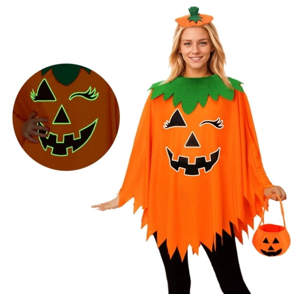 FUZHIQ Halloween Woman 2026 - Plus Size Pumpkin Poncho with Headband and Handbag Adult Cosutme Set