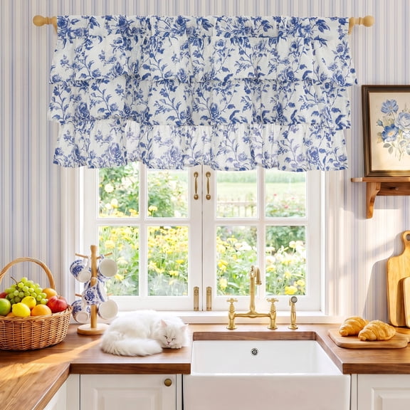 NICETOWN Ruffled Valance Curtain for Window, Linen Peony Floral Valance Shabby Chic Small Window Treatment for Kitchen, Farmhouse Light Filtering Rod Pocket Valance Curtains, Blue, 52"x18", 1 Panel