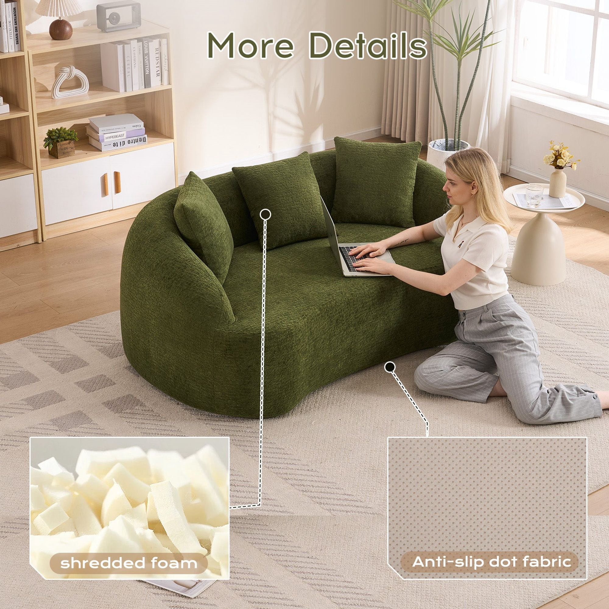Sailvan Curved Modern Boneless 2-Seater Chenille Sofa Loveseat with 3 Pillows