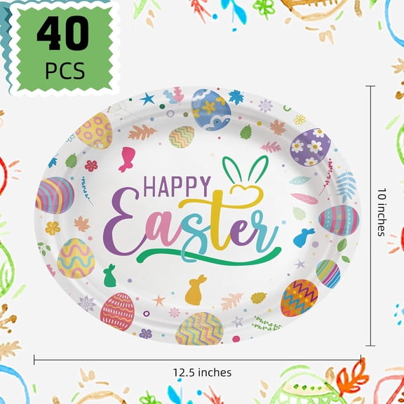 PYAN-40 Pcs Easter Oval Plates 12" x 10" Large Disposable Heavy Duty Easter Paper Plates for Easter Day Party Decorations