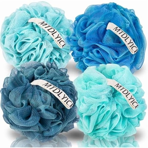 Fu997 Loofah Sponge, XXL Large Loofah 100g 4 Pack, Bath Sponge Soft Mesh Shower Loofah for Men, Body Scrub, Shower Pouf Bath Accessories, for Body Wash, Soap (Blue)