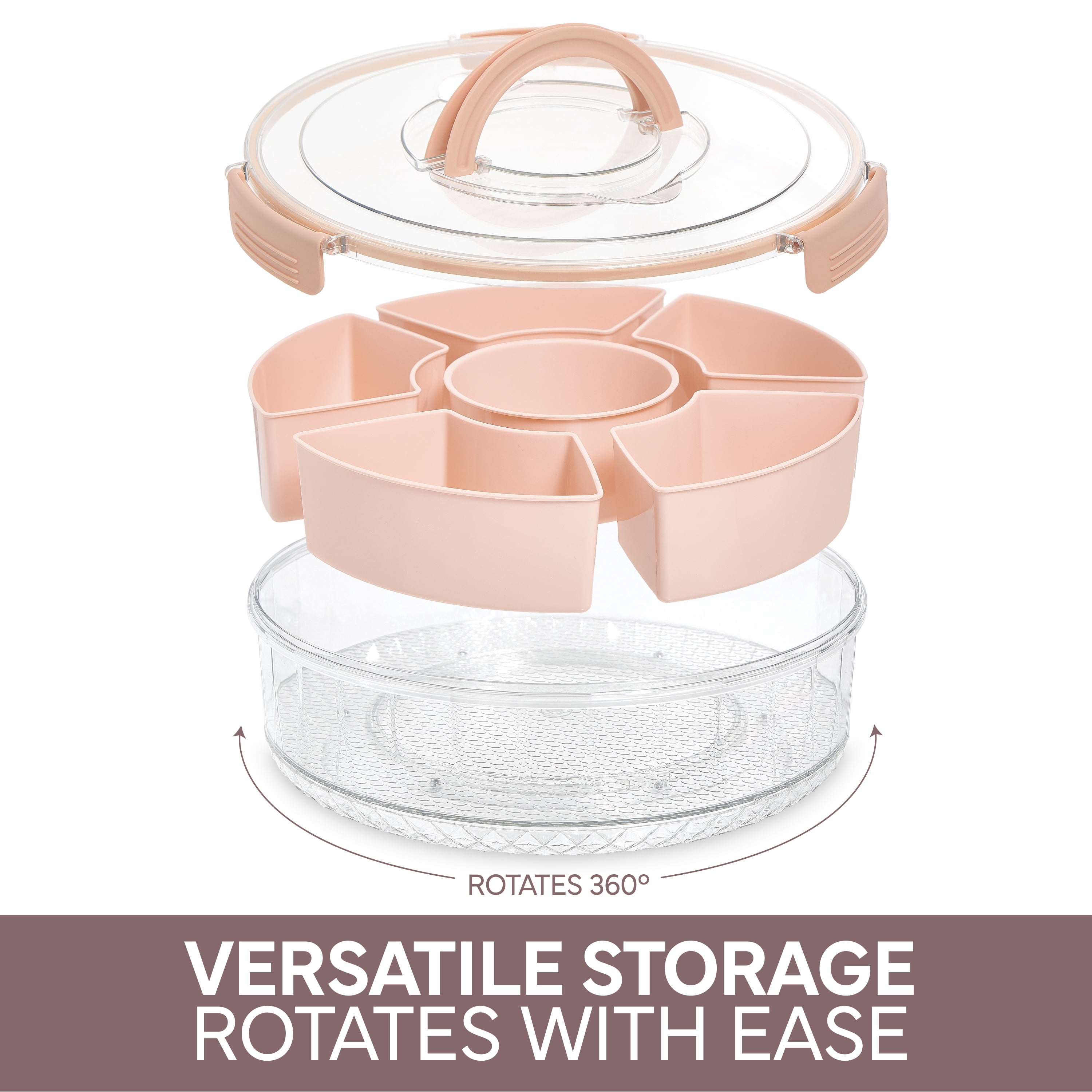 COOK WITH COLOR Round Snackle Box – 6-Compartment Serving Tray with Lid and Handle, Pink – Kids Lunch Box & Meal Prep Snack Container