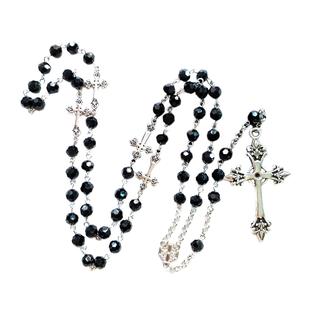 OOKWE Classic Necklace Cross Long Black Crystal Rosary Necklace Alloy Jewelry for Girl
