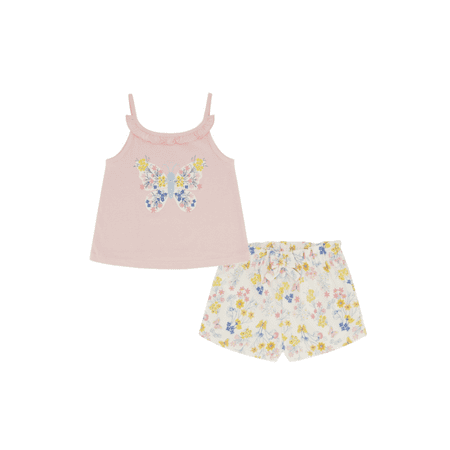 Kids Headquarters Toddler Girls Butterfly Floral Top and Floral Ruffle Trim Terry Shorts Set  2 Piece - Pink