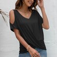thumbnail image 3 of Blusa torcida con hombros descubiertos y cuello en V de verano Tops para mujer Camiseta informal holgada de color puro para fiesta de citas Negro M, 3 of 6