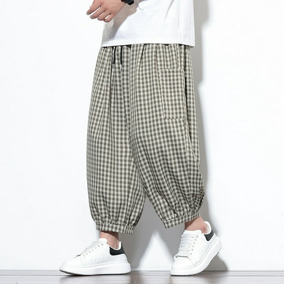 Handshe Men's Harem Pants with Pockets Plaid Elastic Waist Cuffed Capris for Casual Comfort,Plus Size
