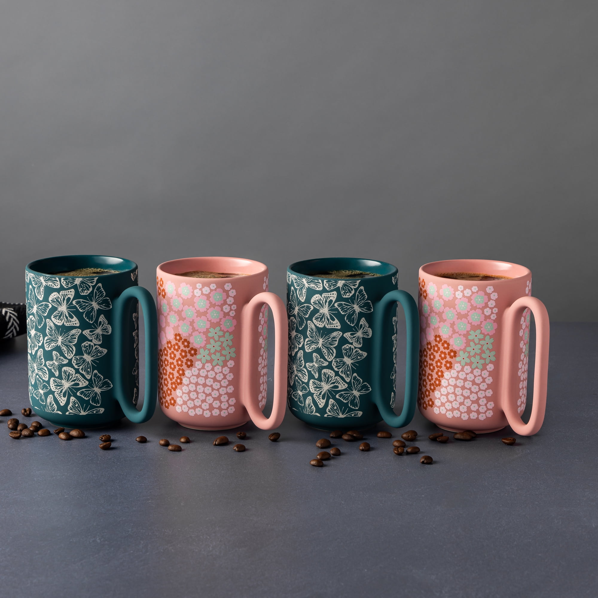 Thyme & Table 4 Pack Green Butterflies and Pink Flowers Mugs 19.6 fl oz, Soft Touch, Stoneware