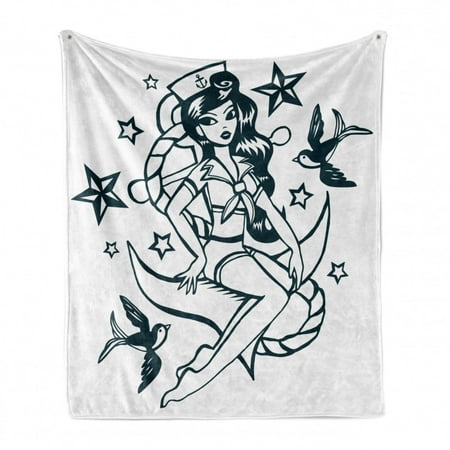 

Anchor Soft Flannel Fleece Throw Blanket Pin-up Girl Nautical Sailor Suit Surrounded by Swallow Birds Stars Hand Drawn Cozy Plush for Indoor and Outdoor Use 50 x 70 Teal and White by Ambesonne