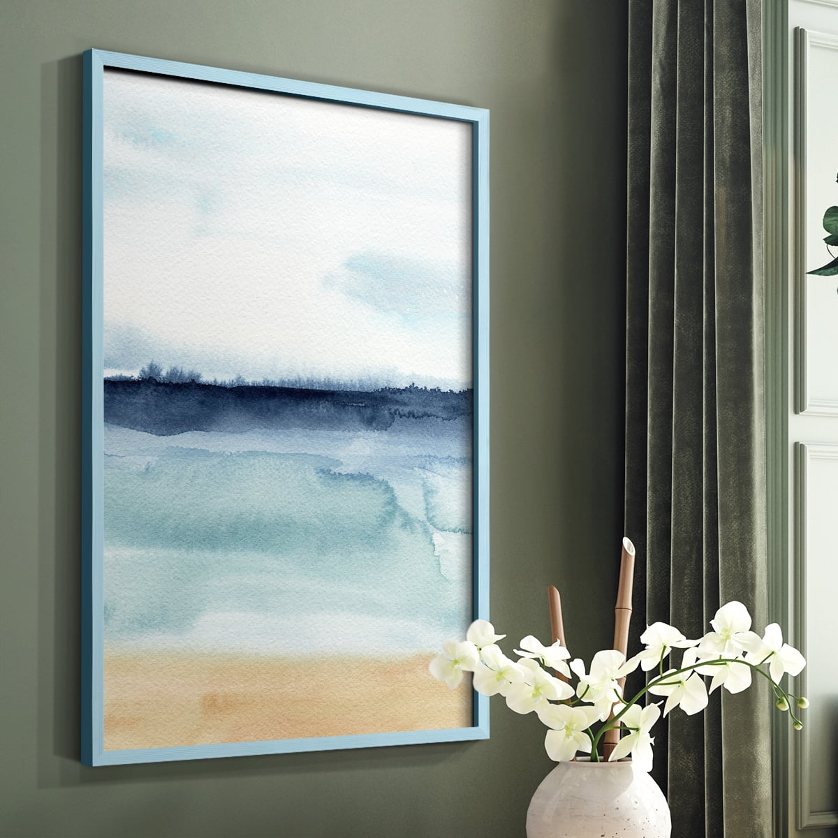Watercolor Ocean Horizon I Framed Print in Blue Solid Wood 8 x 10 Framed Print