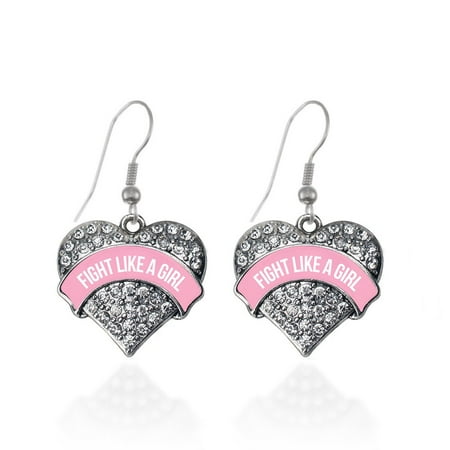 Fight Like a Girl Pink Breast Cancer Support Pave Heart Earrings