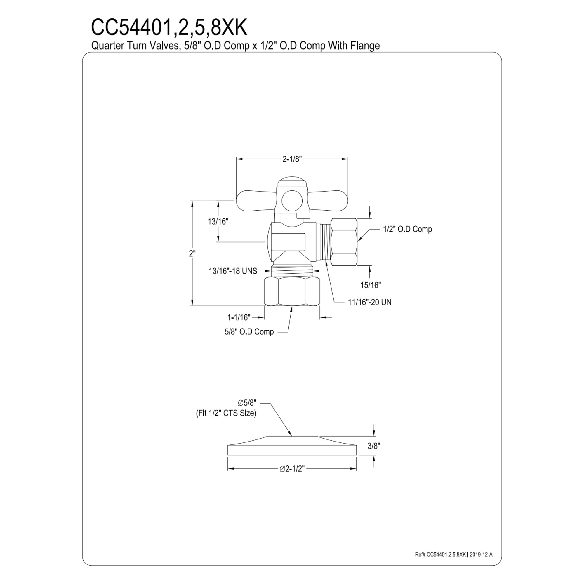 Kingston Brass CC54405XK 5/8-Inch O.D. Comp x 1/2-Inch O.D. Comp Quarter-Turn Angle Shut-Off Valve with Flange in Oil Rubbed Bronze
