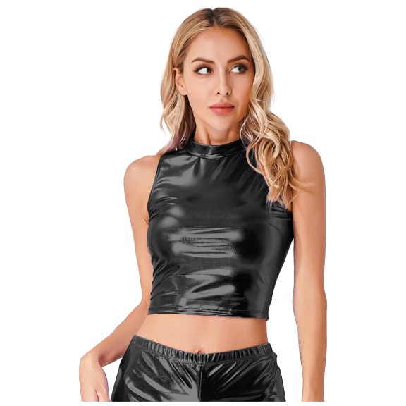 CHICTRY Womens Shiny PVC Leather Crop Top Metallic Sleeveless Disco Dance Vest Club Performance Tank Top Black M