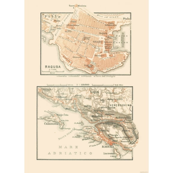 Historic Map - Ragusa Croatia Europe - Baedeker 1910 - Vintage Wall Art