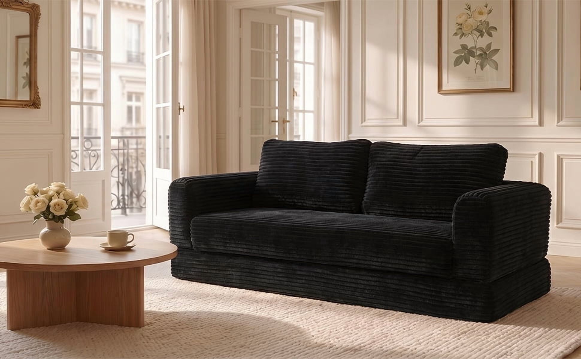 55" Convertible Futon Sofa Bed,Folding Boneless Couch with Sleeper Sofa,Fold Out Floor Sofa with Deep Seat,Cloud Corduroy Foldable Mattress Couch for Living Room,Black