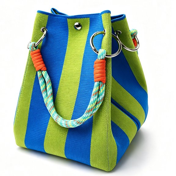 Boho Woven Polyester Bucket Bag, Striped Crochet Bucket Handbag, Small Purse Shoulder Bag—Vacation Lightweight Beach Bag, Travel Weekend Bag