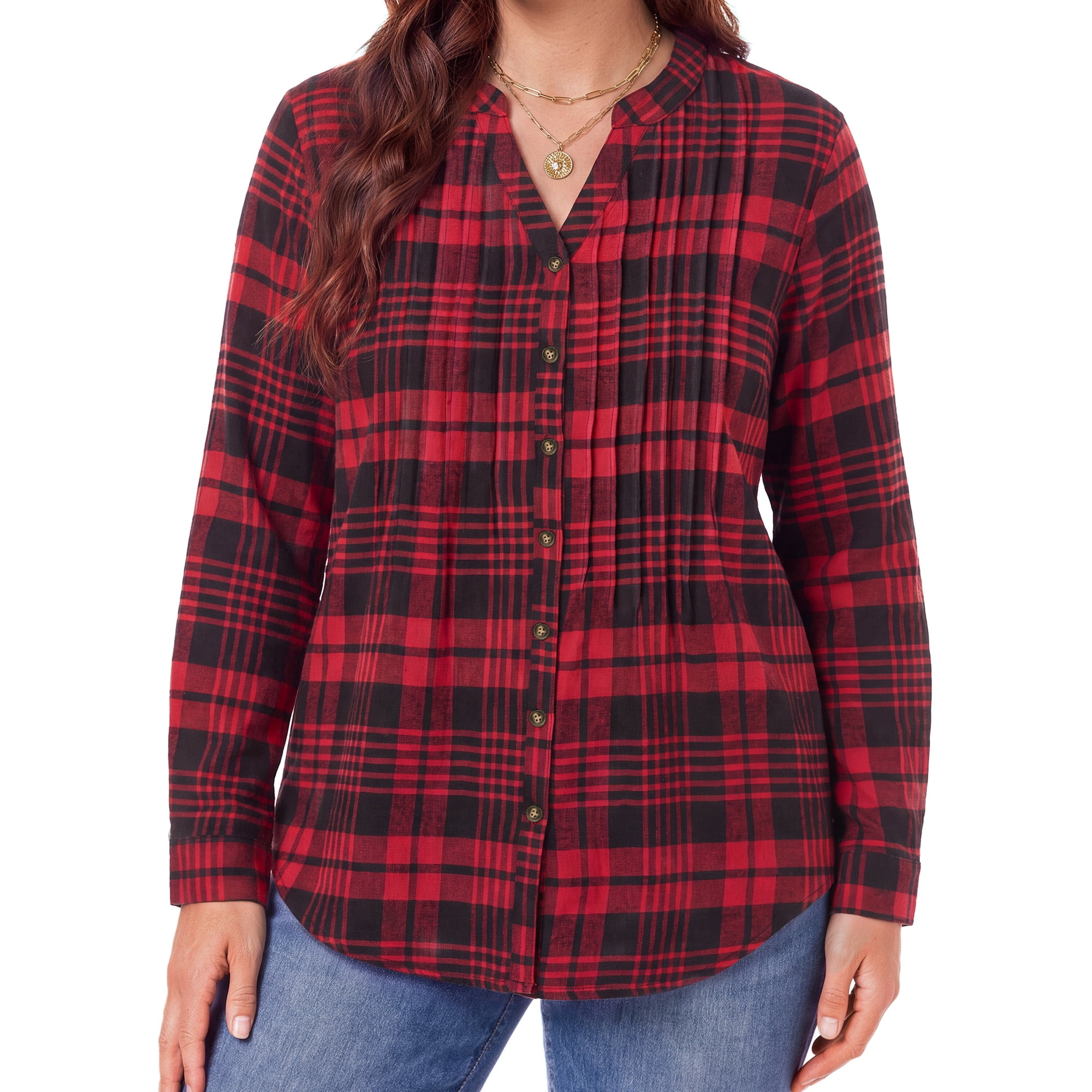 WellSize Plus Size Flannel Plaid Shirts for Women Casual V Neck Button Down Shirts Loose Long Sleeve Fall Tops