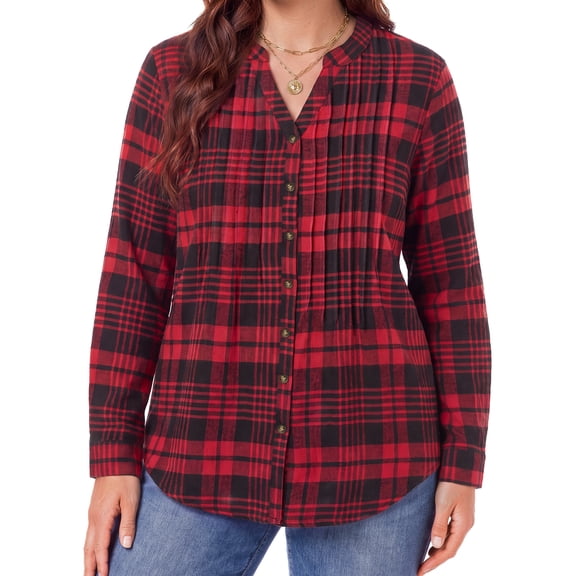 WellSize Plus Size Flannel Plaid Shirts for Women Casual V Neck Button Down Shirts Loose Long Sleeve Fall Tops