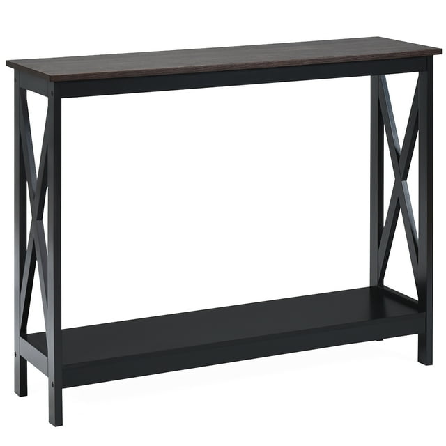 Costway 2 Tier Console Sofa Side Accent Table x-Design Bookshelf w/Shelf Wood Grain