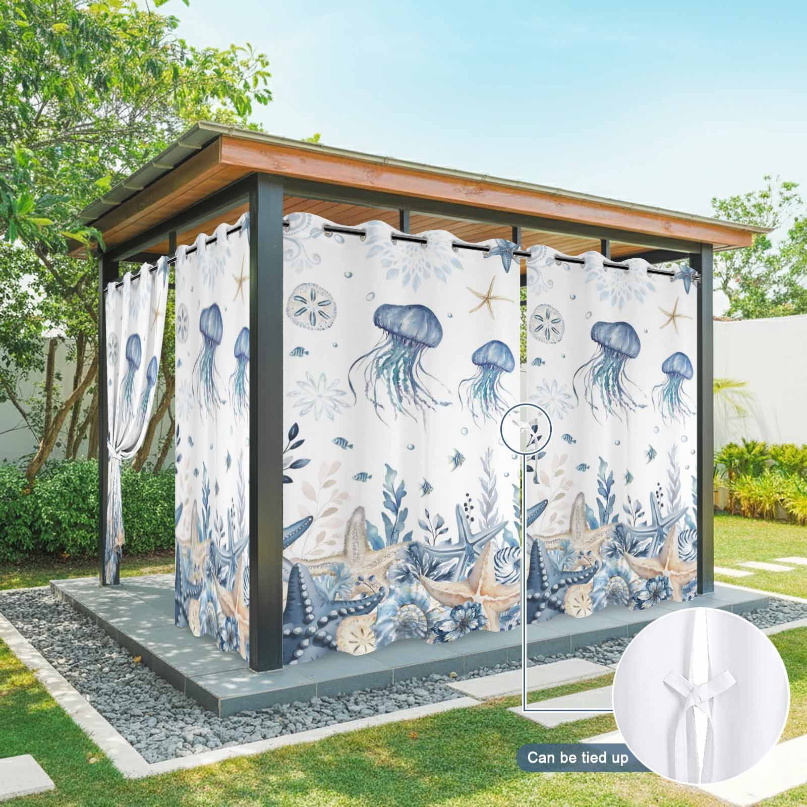 Ocean Jellyfish Outdoor Curtains for Patio, Blue Yellow Sea Star Shell Coral Sunshade Privacy Drapes Grommet Waterproof Outside Curtains for Porch/Cabana/Balcony 54"x 108", 1 Panel