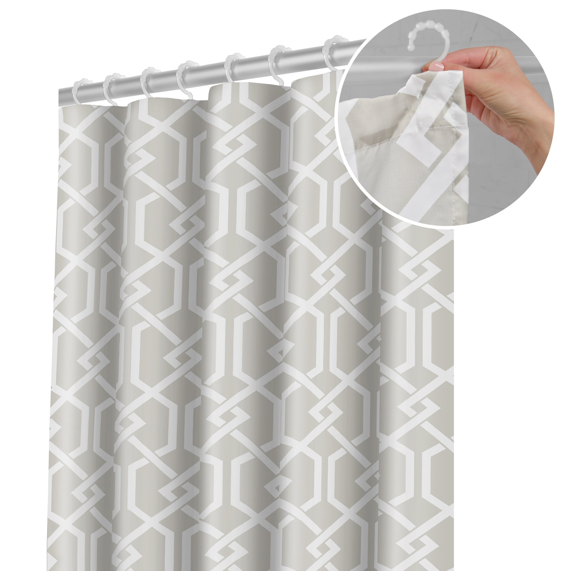 Maytex Smart Curtain Celtic Fabric Shower Curtain with Attached Roller Glide Hooks