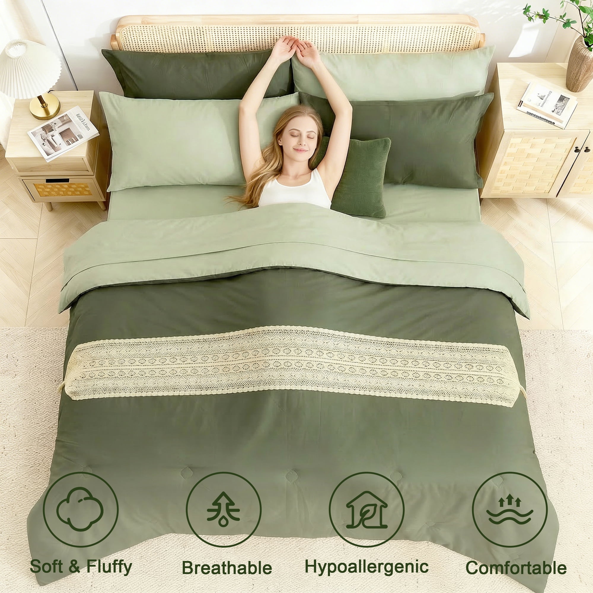 BDEUS 7 Pieces Comforter Set Queen，Bed in A bag，All Seasons Bedding sets with Comforter,Fitted Sheet,Flat Sheet,Pillowcases & Shames，Olive green