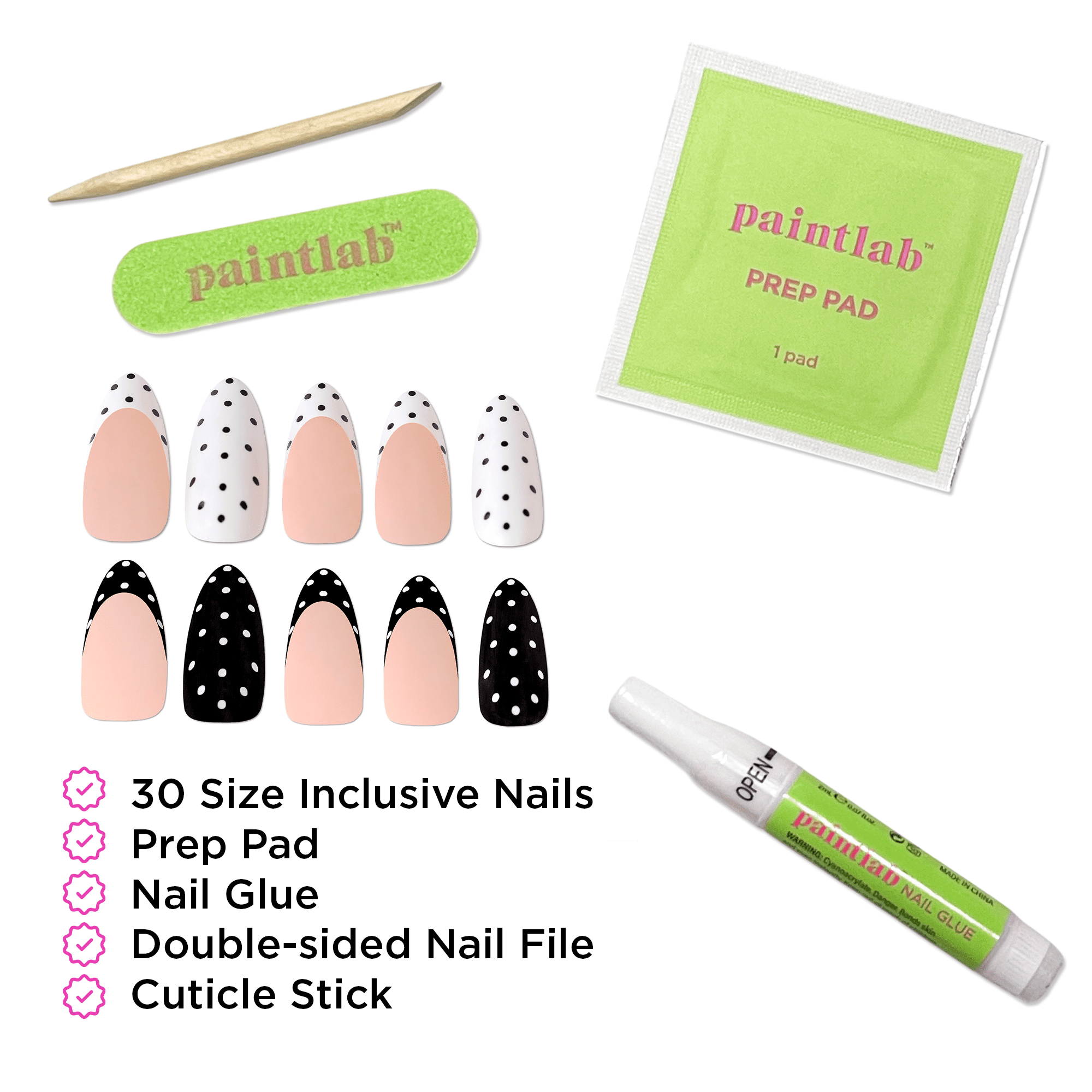 PaintLab Medium Almond Press On Nails, Black White Polka Dot, 30 Count