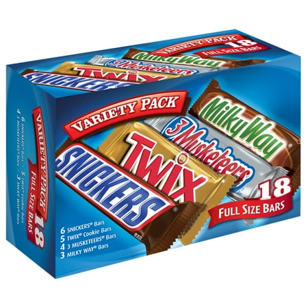 Mars Wrigley Variety Pack Milk Chocolate Candy Bars | Contains 18 Full Size Bars, 33.31 Oz. | SNICKERS, TWIX, 3 MUSKETEERS, MILKY (Best Selling Candy Bar Of All Time)