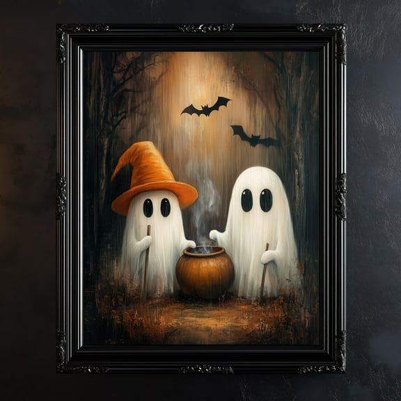 WestConfe Cute Ghosts in Dark Forest Print, Vintage Halloween Ghost Wall Art, Dark Academia Room Decor