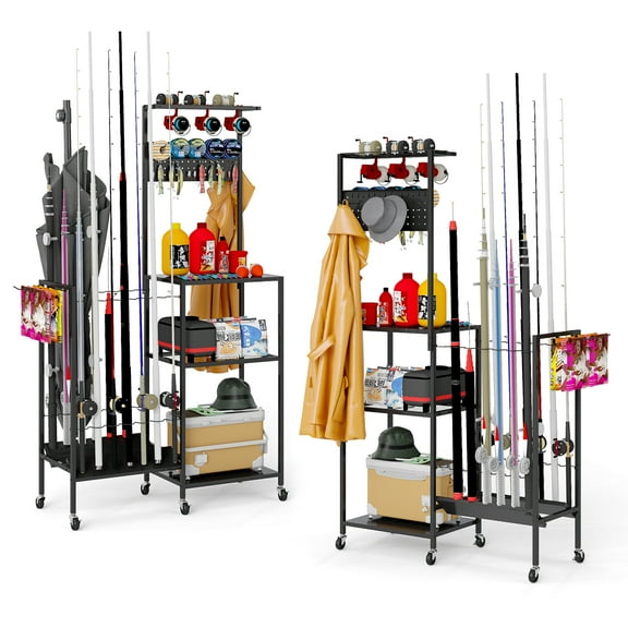 JIRTEMOT Fishing Organizer Cart, Fishing Reel Display Rack for 14 Rods with Hooks and Pegboard, Fishing Rod Holders Storage for Garage
