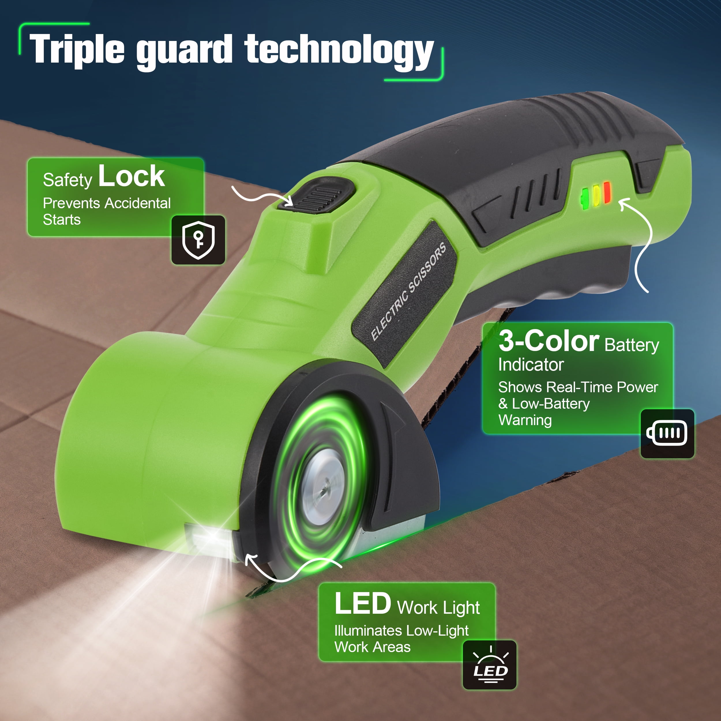 RELOIVE Cordless Electric Scissors,4.2V Rechargeable Rotary Cardboard Cutter, 2000mAh Battery, with LED Light, 2 Blades, Box Cutter for Fabric Carpet Carton Plastic Leather Cloth