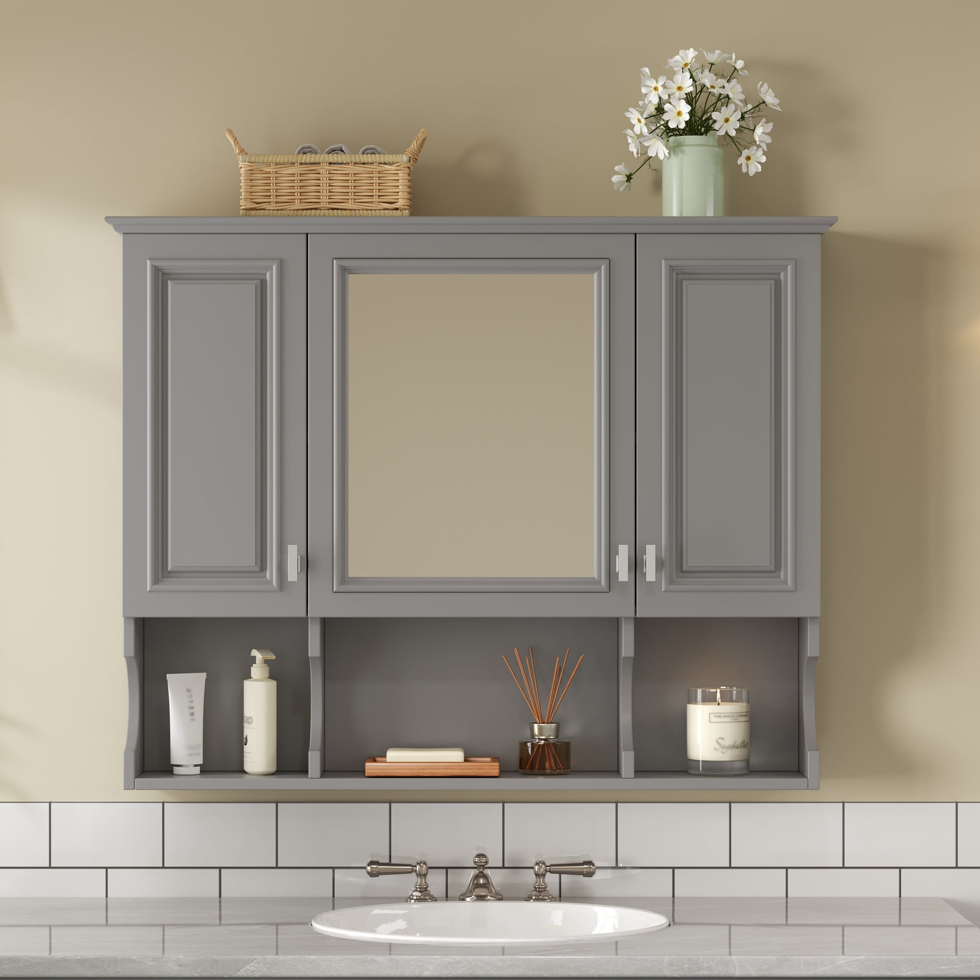 Euroco 35'' x 28'' Wall Mounted Bathroom Medicine Cabinet, Modern Bathroom Wall Cabinet with Mirror, Mirror Cabinet with Open Shelves