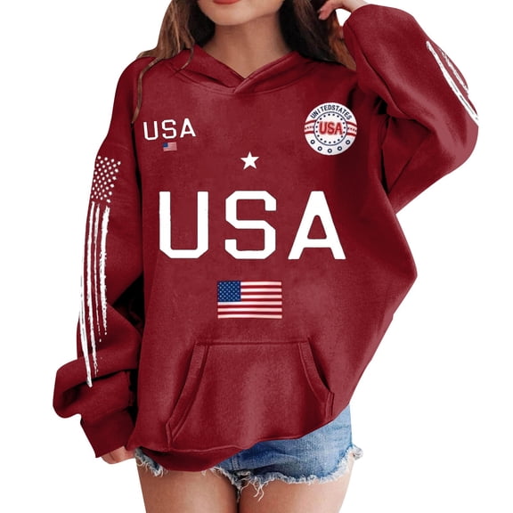 LNMQLPDBS Girls Graphic Hoodie Casual Long Sleeve Pullover Hooded Sweatshirt with Kangaroo Pocket 4th of July Patriotic Outfit for Kids Tween Girl Top