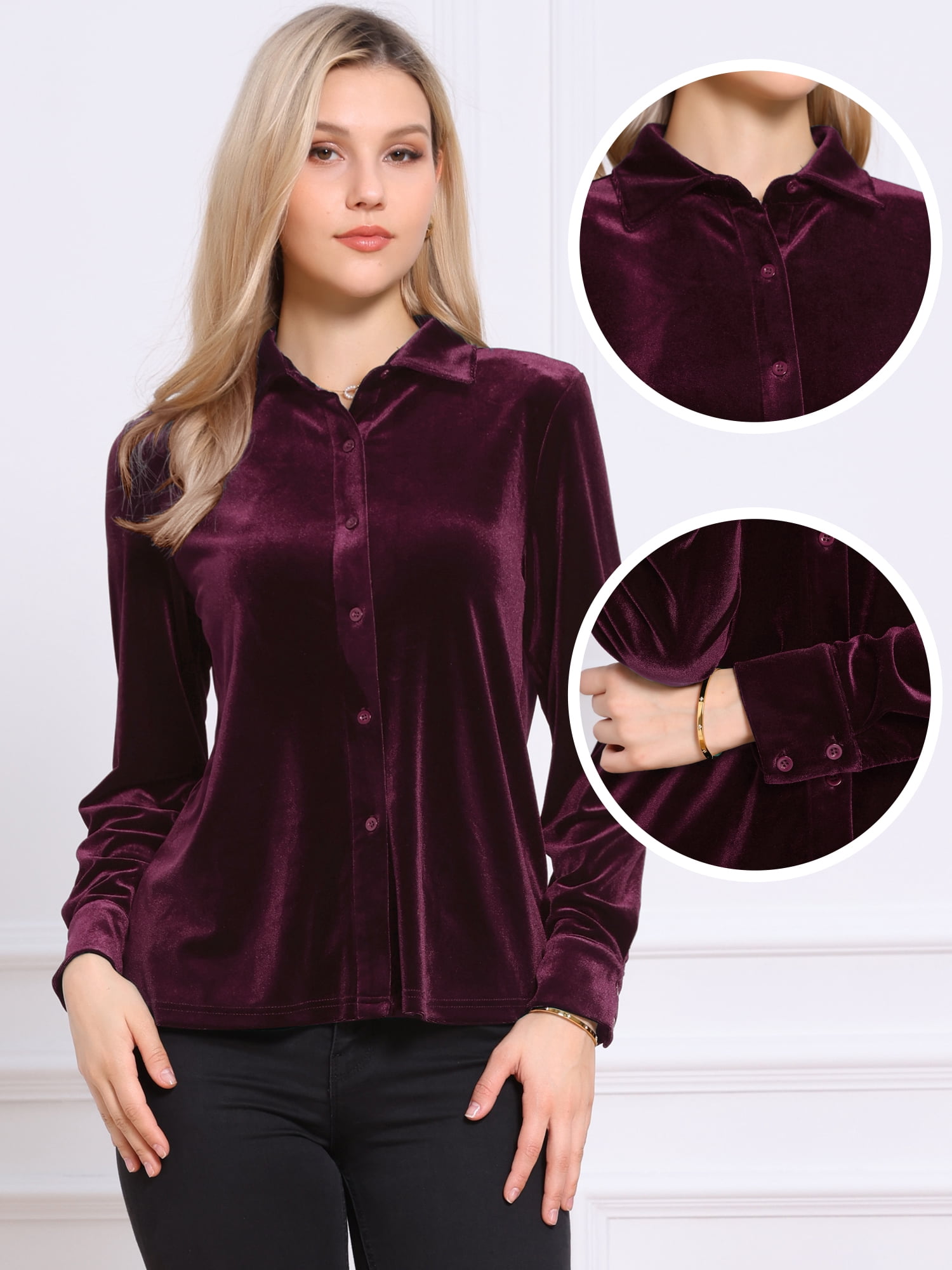 DARING DIVA Women's Vintage Velvet Long Sleeve Button Down Shirt Blouse M Dark Red