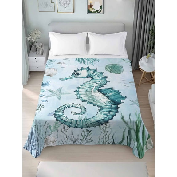 Coastal Seahorse Queen Size Flat Sheet, Wrinkleproof & Fadeproof Cooling Flat Bed Sheet Only, Ocean Nautical Starfish Seashells Coral Breathable Soft Bedding Top Sheets 90 x 102 Inches
