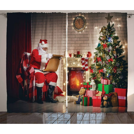 Santa Curtains 2 Panels Set, Old Santa Claus Sitting at Home at Christmas Night Reading a Letter Near the Tree, Window Drapes for Living Room Bedroom, 108W X 84L Inches, Multicolor, by