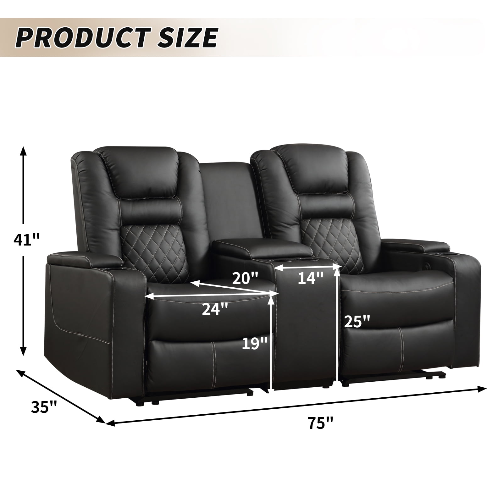 Bonzy Home Electric Power Recliner Loveseat with Console, 2-Seat Theater Seating Living Room Furniture Set, Cup Holders, Hidden Arm Storage, USB Charging Ports, Black