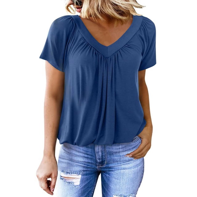 Fiudx Ofertas Flash Artículos En Oferta Moda Mujer Color Sólido Causal Blusa con Cuello En V Camiseta de Manga Corta Tops de Verano