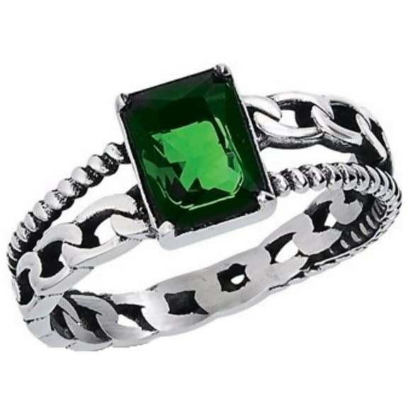 Dark Green Emerald Cut CZ Stone Ring - Solitaire Anniversary Band