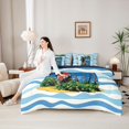 thumbnail image 4 of Castle Fairy Cartoon Tropical Surf Board 7-Piece Twin Bedding,Palm Boat Wave Striped Background Bedding Comforter Set,Blue Sand,Navy Blue Reversible, 4 of 7