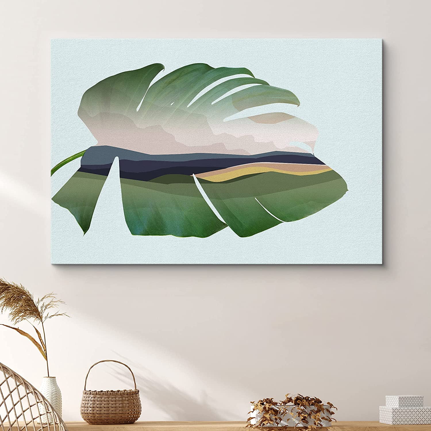 PixonSign Canvas Print Wall Art Double Exposure Banana Leaf & Mountains ...