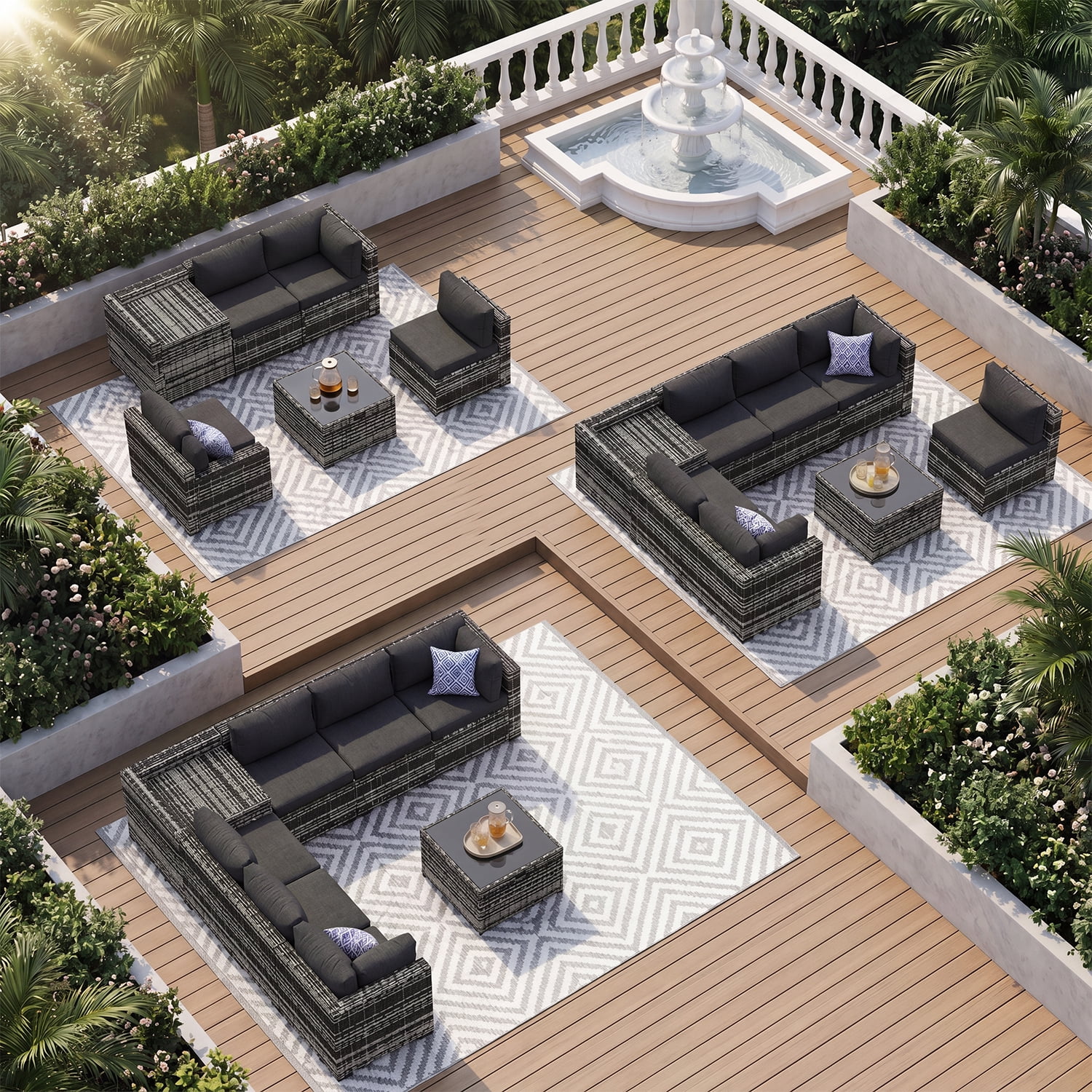 BaPiPro 8-Piece Gray Rattan Patio Sectional Sofa Set with Black Cushions, Dual Storage Design, Modular Outdoor Conversation Furniture for Backyard, Garden, Poolside