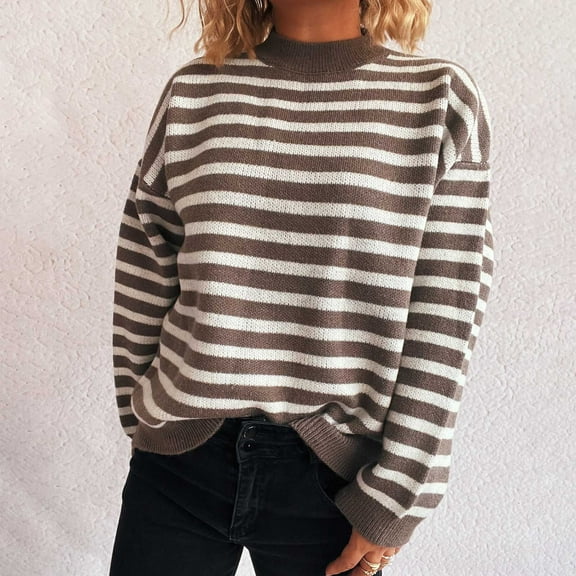 Tauxra Striped Sweater Women,Long Sleeve Sweaters for Women,Women's Striped Round Neck Long Sleeve Knit Sweater,Contrast Color Pullover,Womens Sweaters Pullover