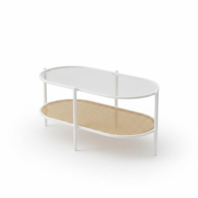 Garvee 2 Tier Oval Rattan Coffee Table 37.4 x 19.6 x 18.1", with Storage, White