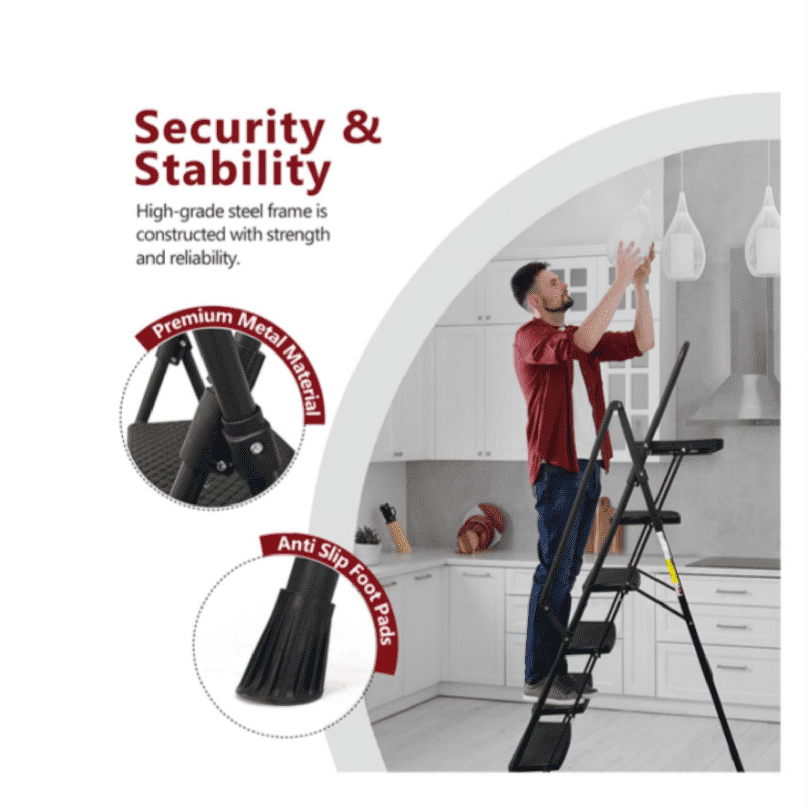 5-Step Foldable Steel Ladder, Step Stool with Detachable Tool Tray & Handrails, Wide Non-Slip Pedals, Lightweight Portable Folding Step Ladder for Home Kitchen Painting Cleaning
