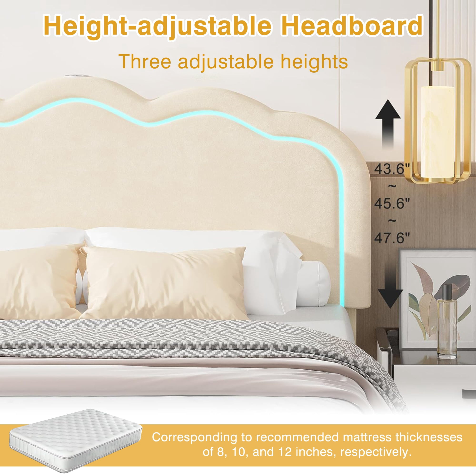 VECELO LED Bed Frame, Queen Size Upholstered Platform Bed Frame with Adjustable Charging Station Headboard, No Box Spring Needed, Easy Assembly, Beige