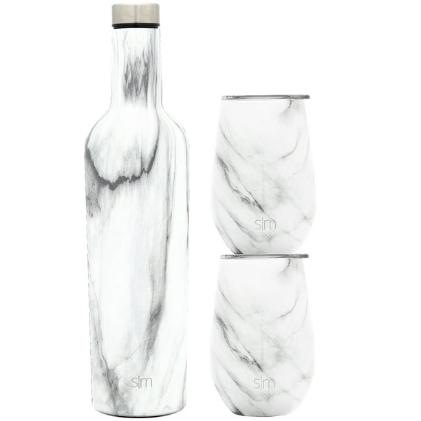 Simple Modern Spirit Wine Bundle - 2 12oz Wine Tumbler Glasses with Lids & 1 Wine Bottle - Vacuum Insulated 18/8 Stainless Steel Pattern: Carrara ...